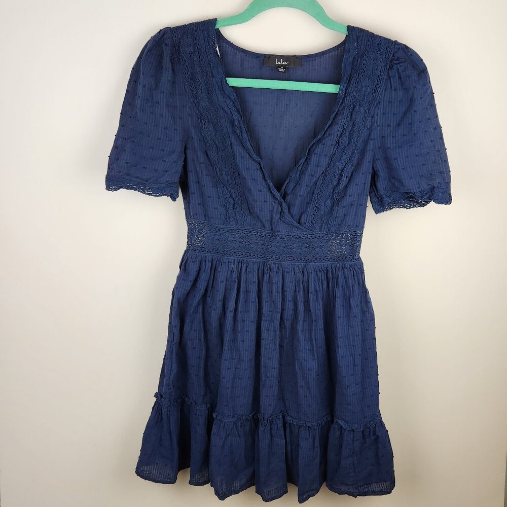 Lulus Navy Blue Swiss Dot Ruffle Lace Trim Short Sleeve Mini Dress sz S
